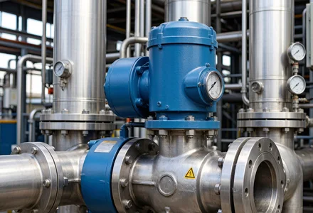 Hydraulic actuator mounted on an industrial pipeline ball valve in an oil and gas plant